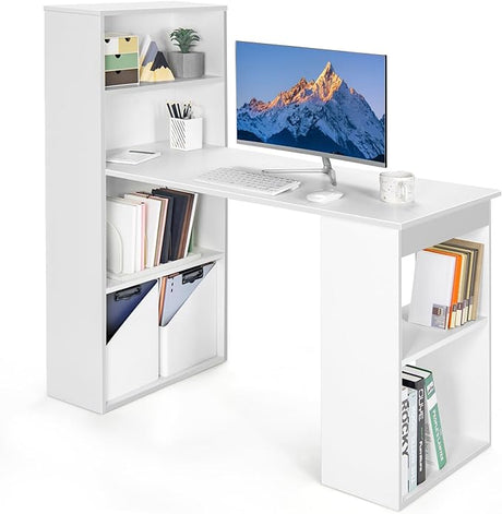 Giantex 48 Inch Computer Desk with Bookshelf, 3-in-1 Home Office Desk with 4-Tier Bookcase & CPU Stand, Space-Saving Reversible Writing Desk Work Table for Bedroom, Study Room, Office (White)