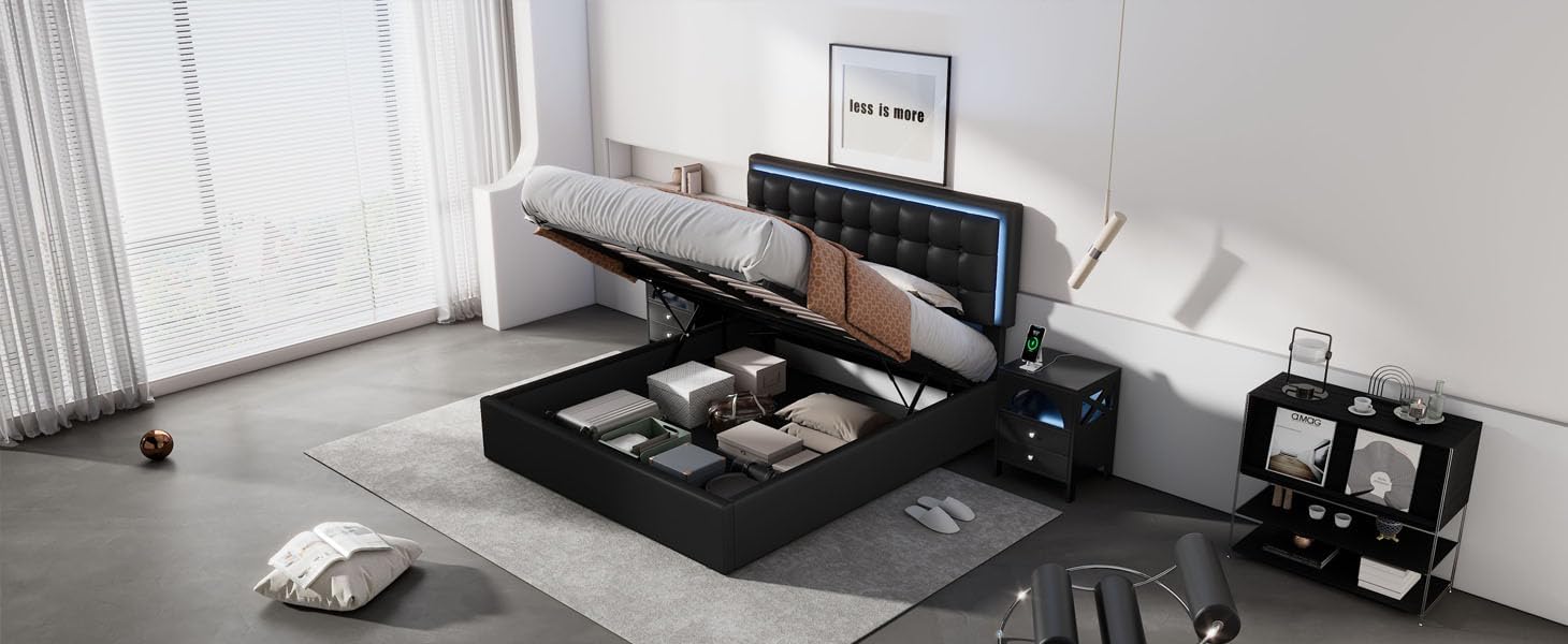 Queen Bed with Storage, LED Lights,Modern Tufted Upholstered Platform Bed