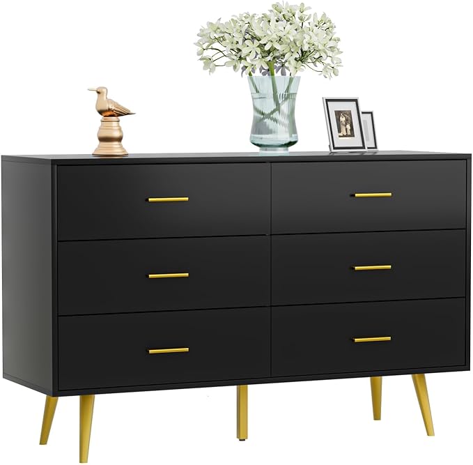 White Dresser for Bedroom, 6 Drawer Dresser with Wide Drawers and Gold Metal Handles