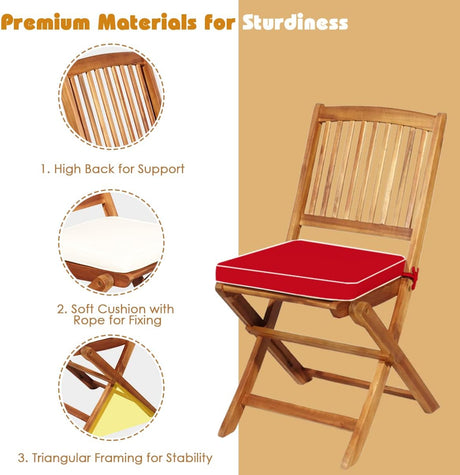 S AFSTAR Bistro Table and Chairs Set of 2, Acacia Wood Folding Bistro Table Chairs Set with Round Coffee Table & Padded Cushion, Small Bistro Table Set for 2 Outdoor Porch Patio Poolside Balcony (Red)
