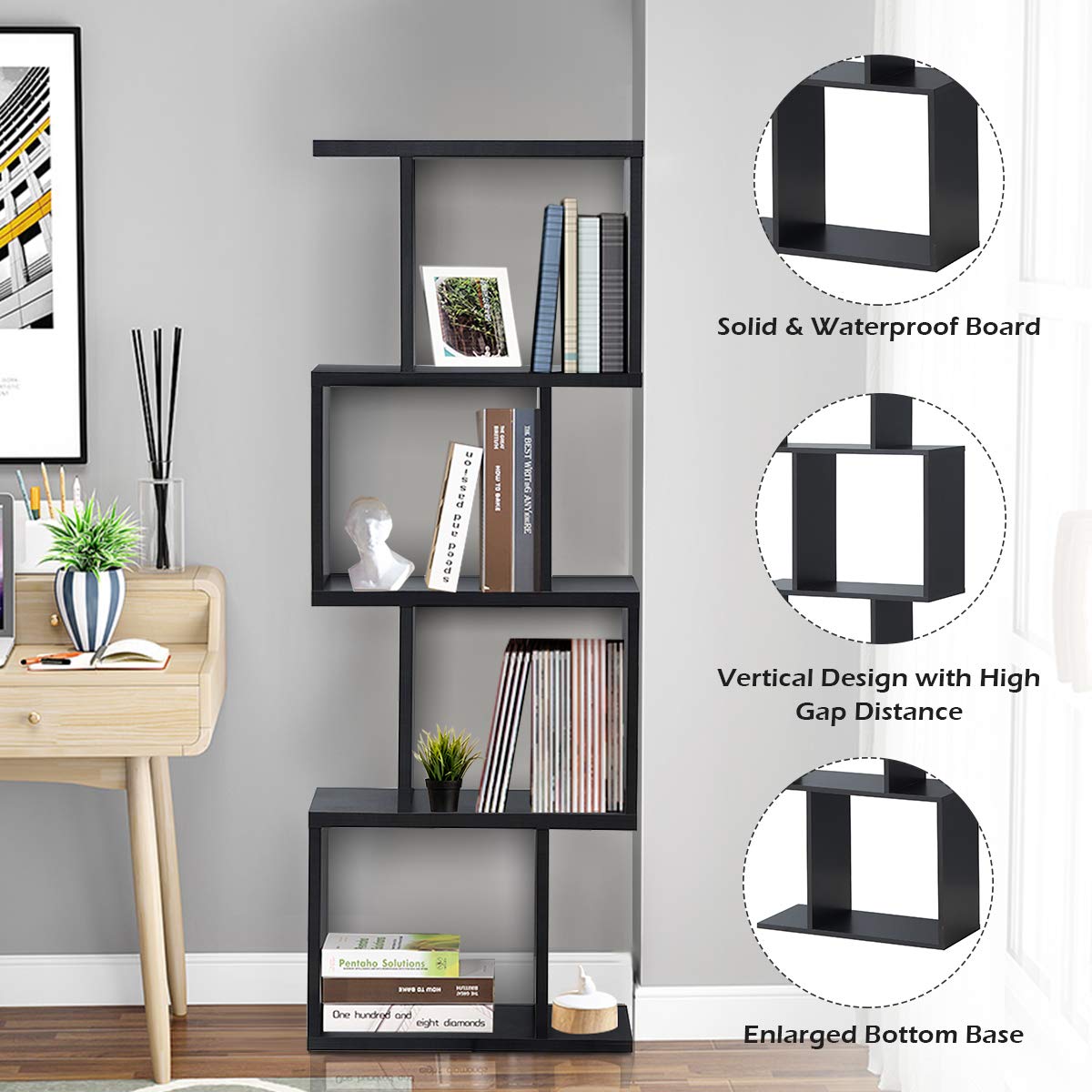 4 Tier Bookshelf S Shaped Bookcase, Multifunctional Wooden