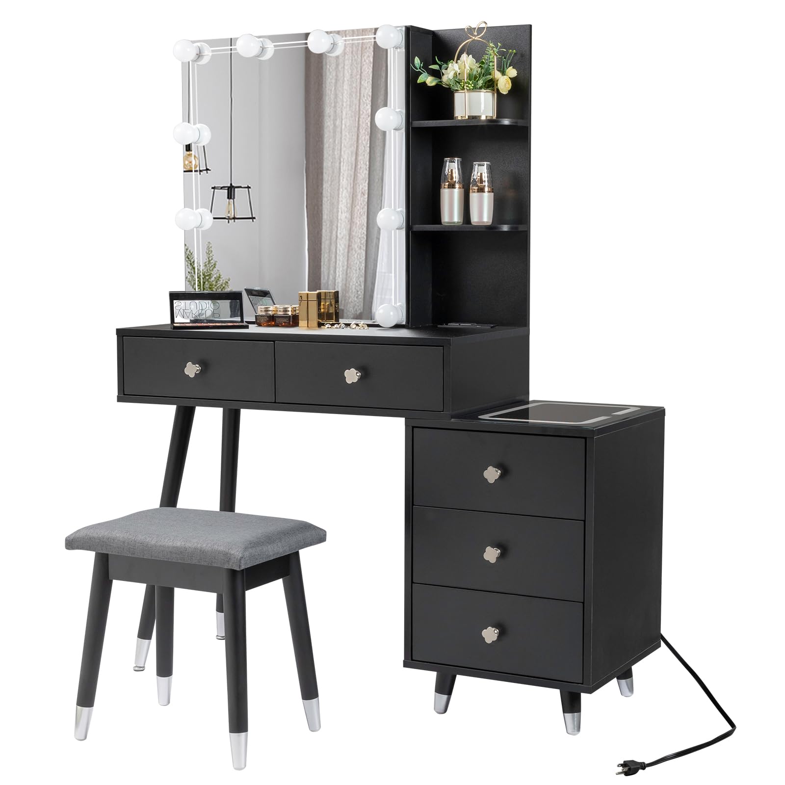 Lighted Vanity Desk with Mirror Cabinet & Charging Station Modern Makeup Vanity Table with 5 Drawers