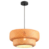 Boho Bamboo Hand-Woven Pendant Light, 18.12in Farmhouse Rattan Chandelier 2-Tier