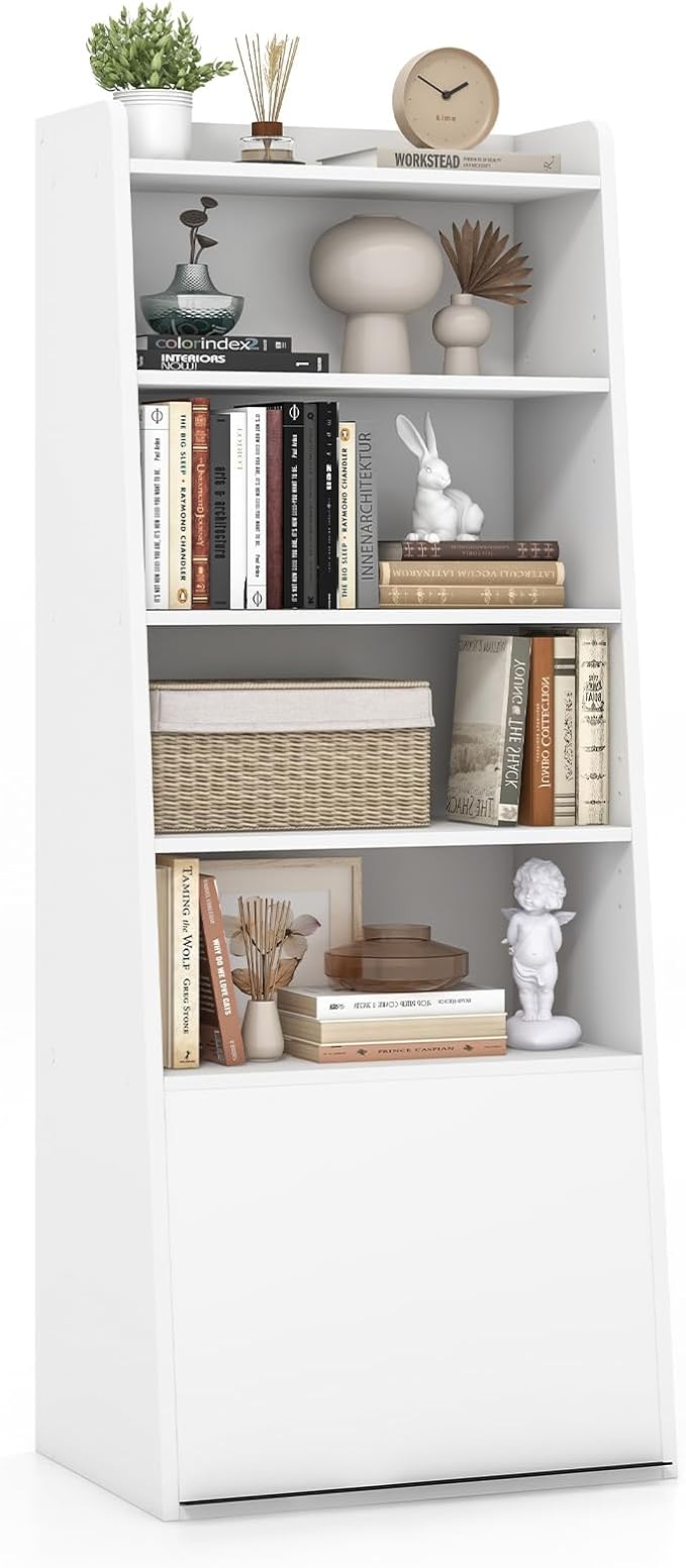 Tier Bookcase, Modern Bookshelf w/ 2 Adjustable Shelves & Flip-up Door, Wood Storage