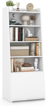Tier Bookcase, Modern Bookshelf w/ 2 Adjustable Shelves & Flip-up Door, Wood Storage