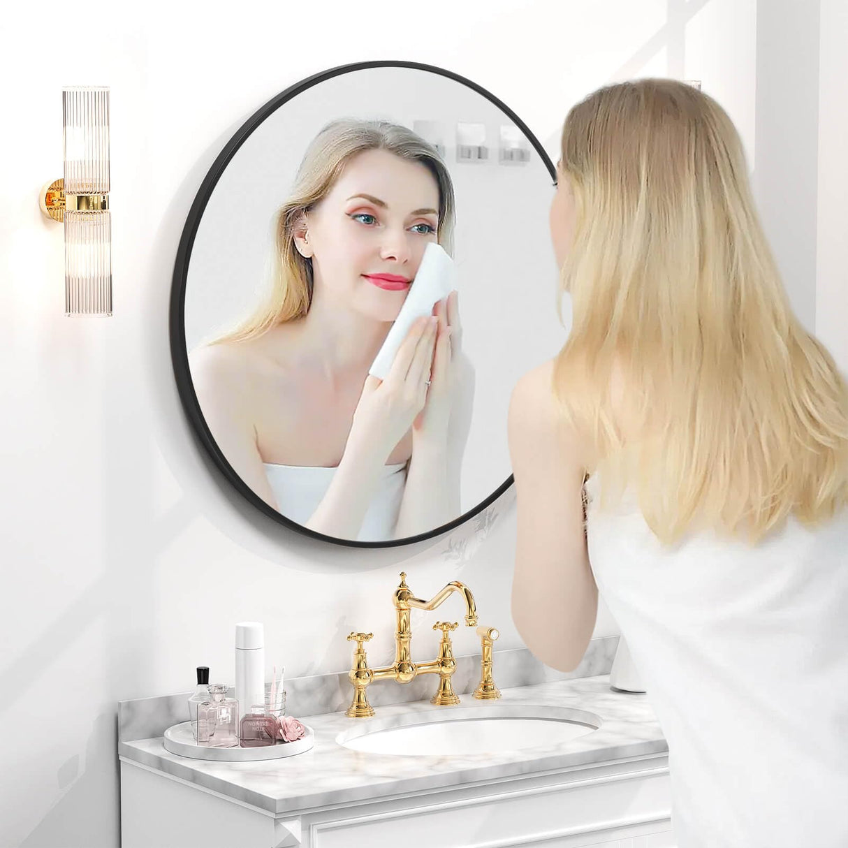 30 Inch Black Round Bathroom Mirror - Modern Metal Frame Wall Mirror