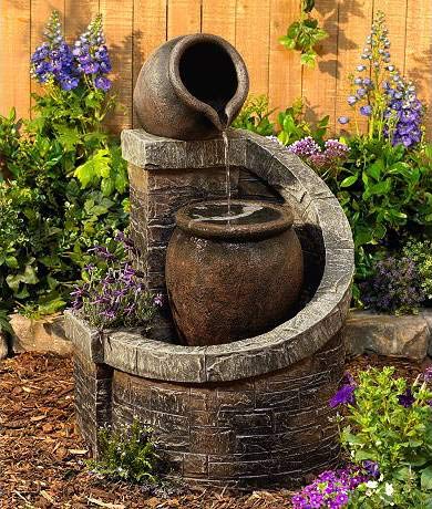 Outdoor Floor Cascading Water Fountain 35" High with LED Light Planter Box for Garden