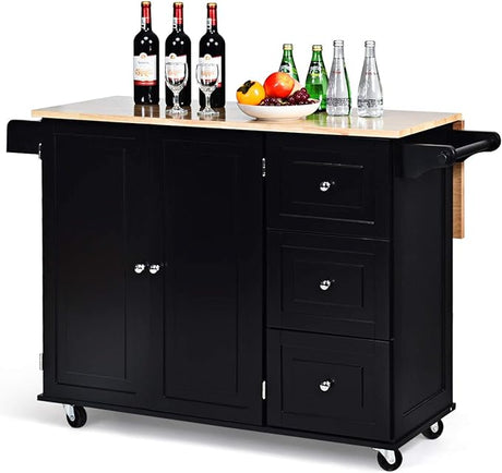 Kitchen Island Cart with Drop-Leaf Tabletop, Large Trolley Cart with Large Cabinet