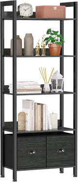 5-Tier Bookshelf, Tall Bookcase with 2 Storage Drawers, Industrial Display Standing Shelf