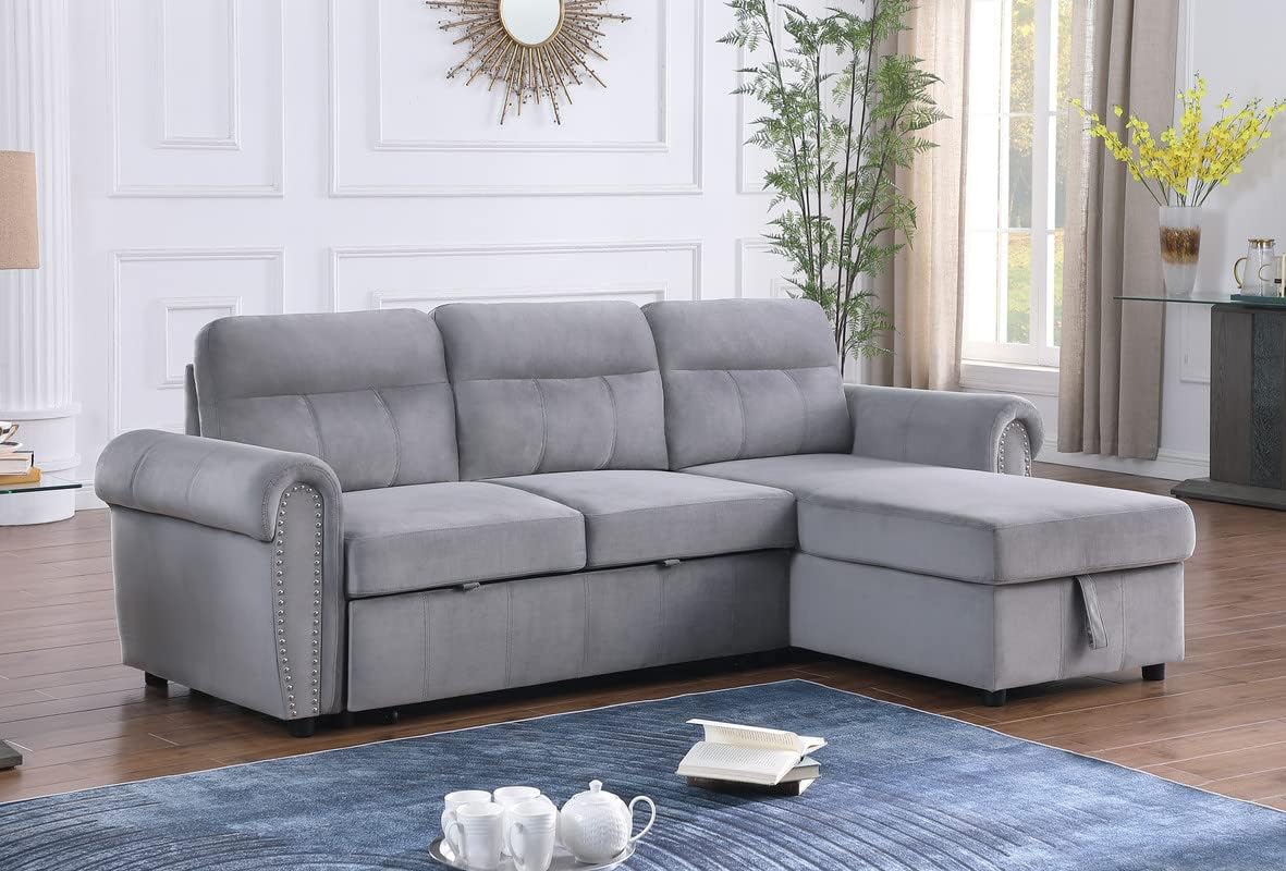 Ashton Gray Velvet Fabric Reversible Sleeper Sectional Sofa Chaise