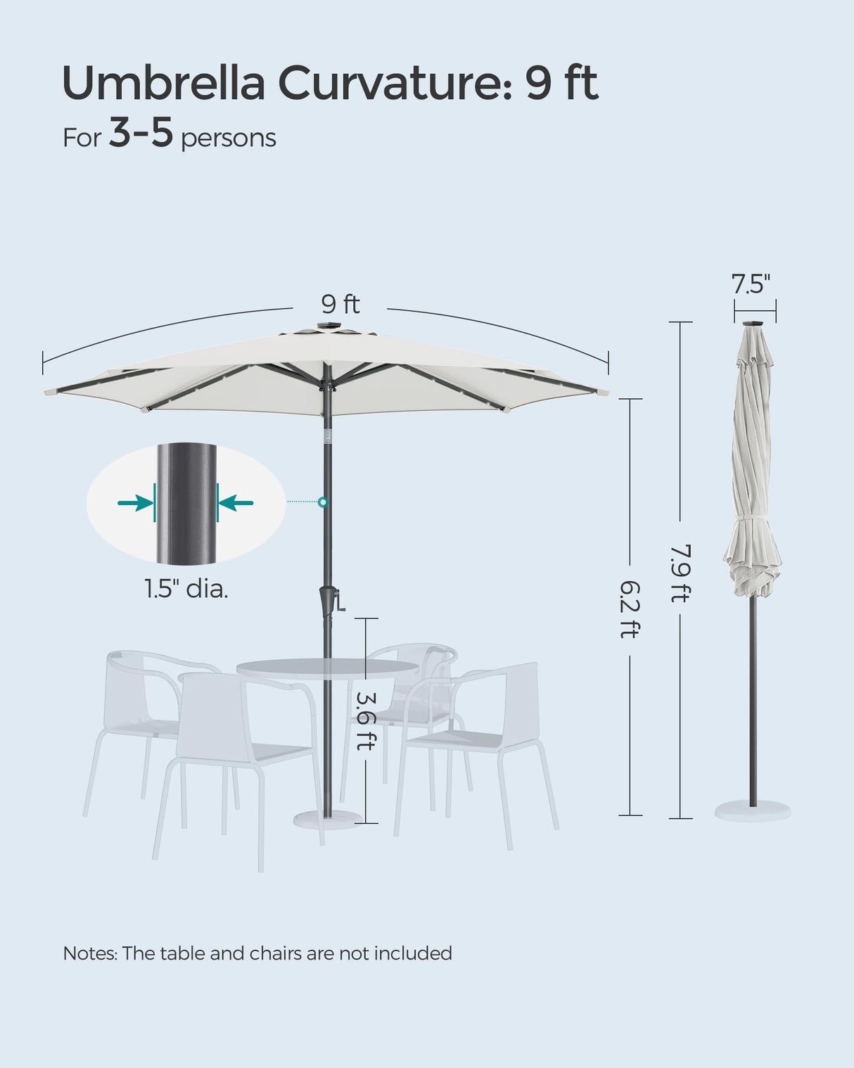 9 ft Solar Patio Umbrella, 32 LED Lights, Lighted Table Outdoor Umbrella,