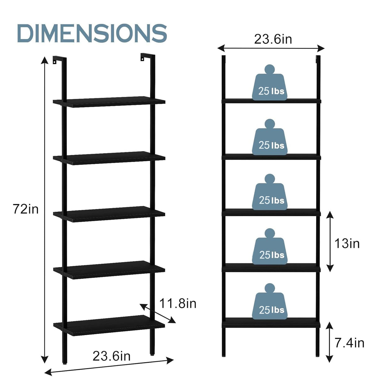 Ladder Shelf 2PCS Open Bookshelf 5-Tier Wood Wall-Mounted Black Bookcase