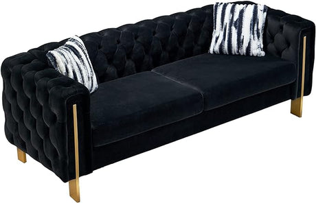 Modern Velvet Sofa for Living Room, 84 Inches Long Tufted Couch Upholstered Sofa with 2 Pillows High Arm and Metal Legs Decor Furniture for Bedroom, Office (Black)