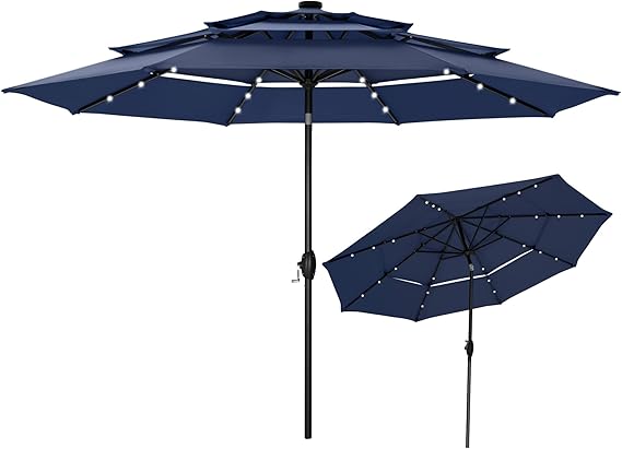 10ft 3 Tier Solar Patio Umbrella, Outdoor Market Umbrellas with 24 LED Lights