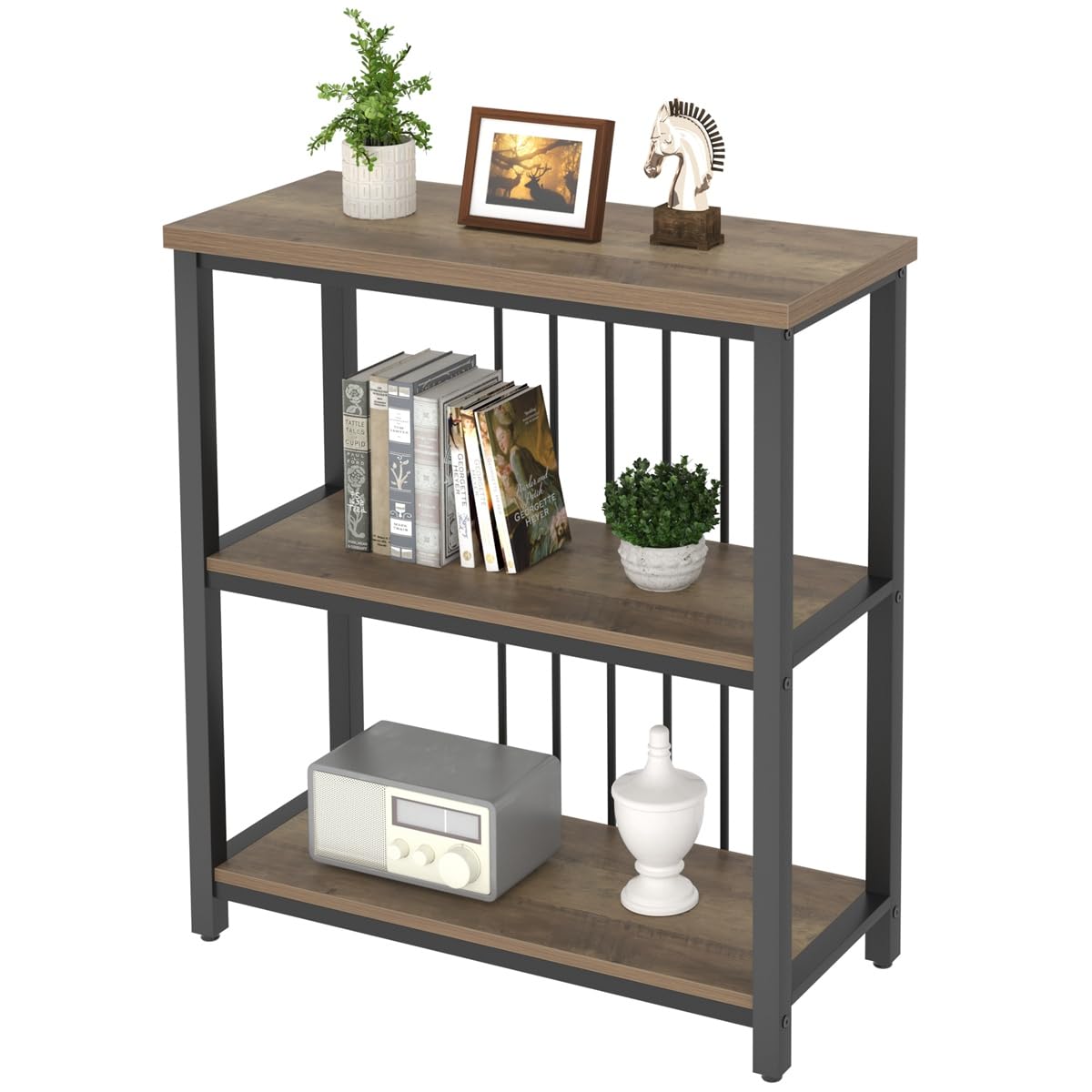 Small Bookshelf and Bookcase, 3 Tier Open Book Shelf, Modern Metal and Wood Shelving