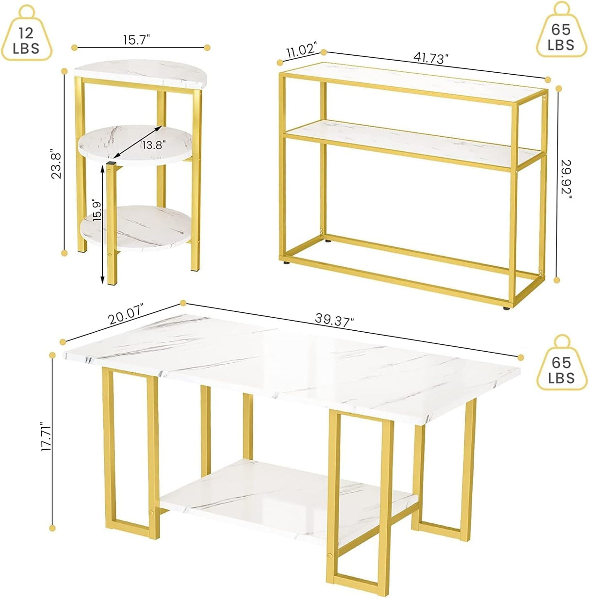 Living Room Table Set of 3,Faux Marble Coffee Table & 3-Tier Side Table & Console Tables