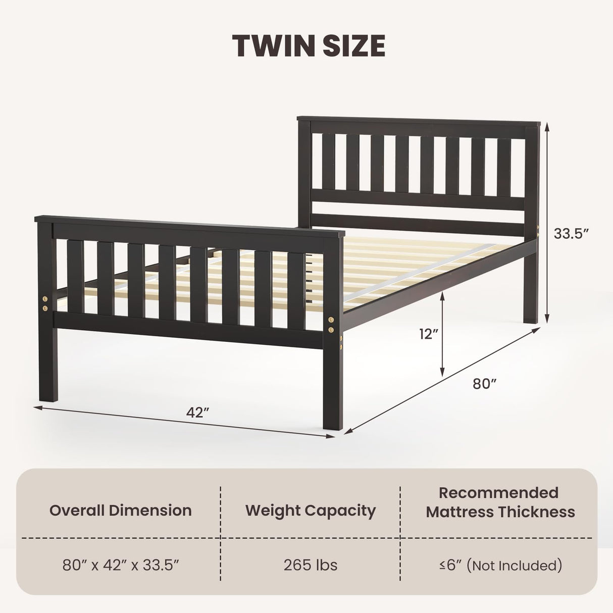 Giantex Wood Twin Bed Frames with Headboard, Mid Century Platform Bed with Wooden Slats Support, 12" Under-Bed Storage Space, No Box Spring Needed, Twin Bed Frames for Kids, Espresso