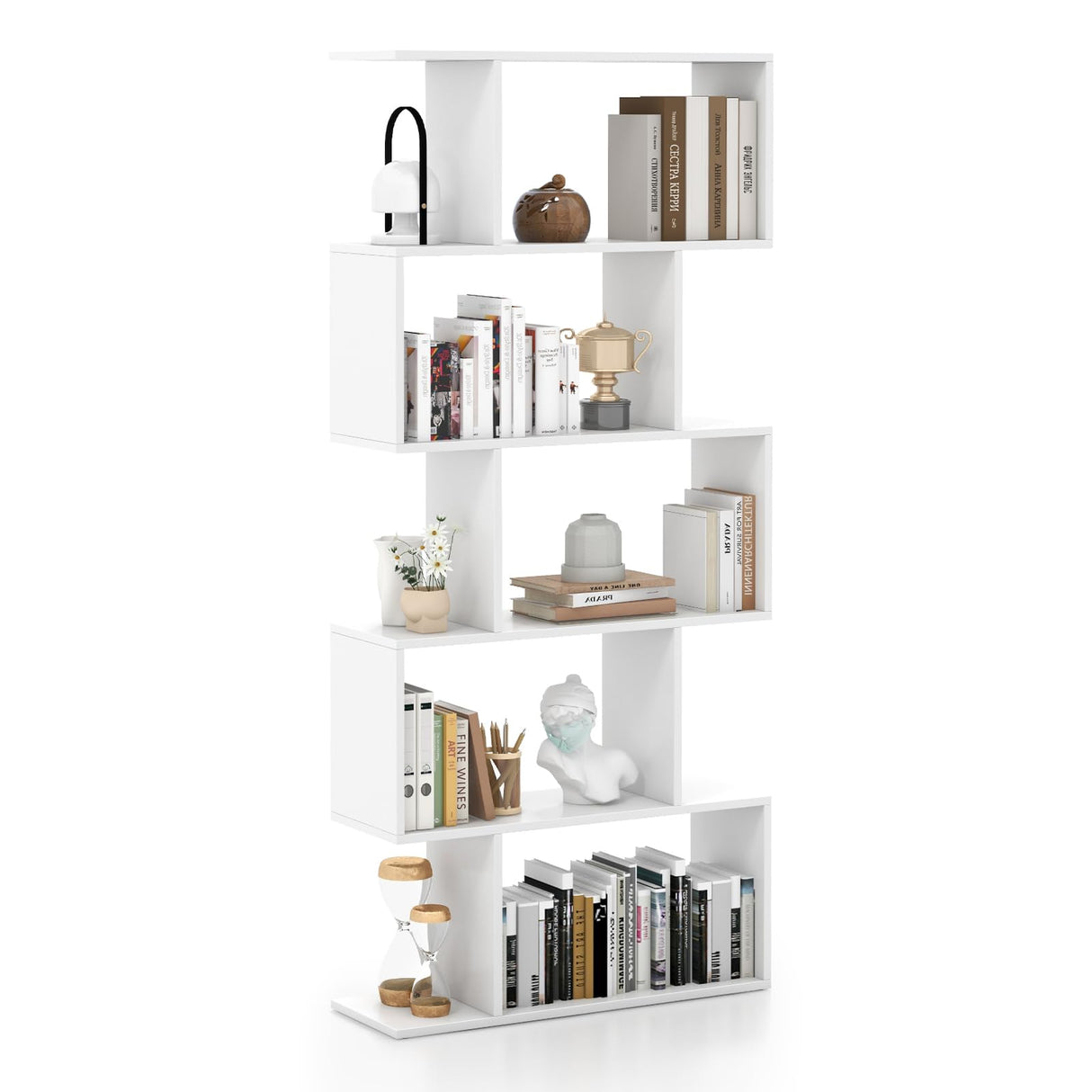 5-Tier Geometric Bookshelf, S Shaped Bookcase w/Anti-Toppling Device, Freestanding