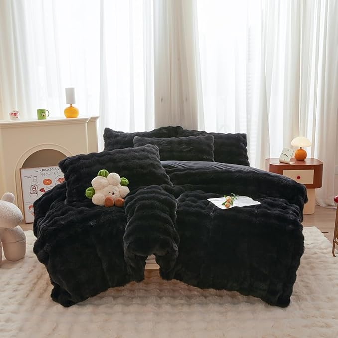Rabbit Plush Gray White Faux Fur Duvet Cover Comforter Cover Queen