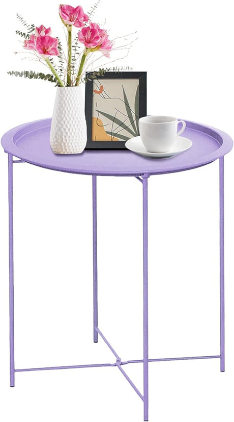 End Table Metal Side Table White Round Folding Tray Cyan Sofa Small