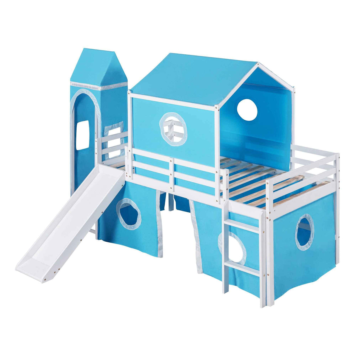 Twin Size Bunk Bed with Slide and Tent, House Shaped Loft Bedframe w/Curtains & Windows, Undereath Can be Playhouse, Funny Design for Kids, Toddlers, Blue