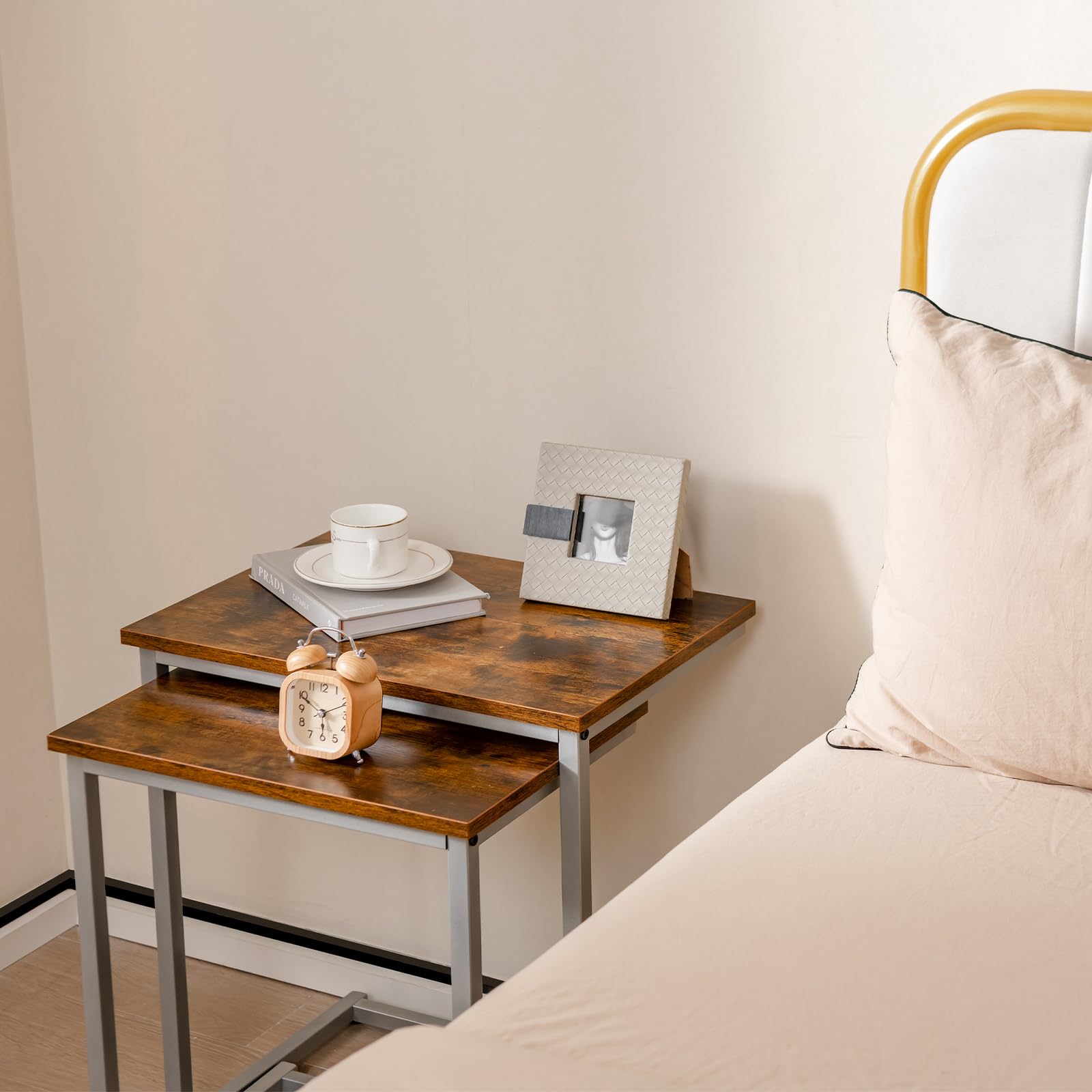 Nesting Table Set of 3, Rectangle Stacking Side End Table w/Wood Top & Metal Legs,