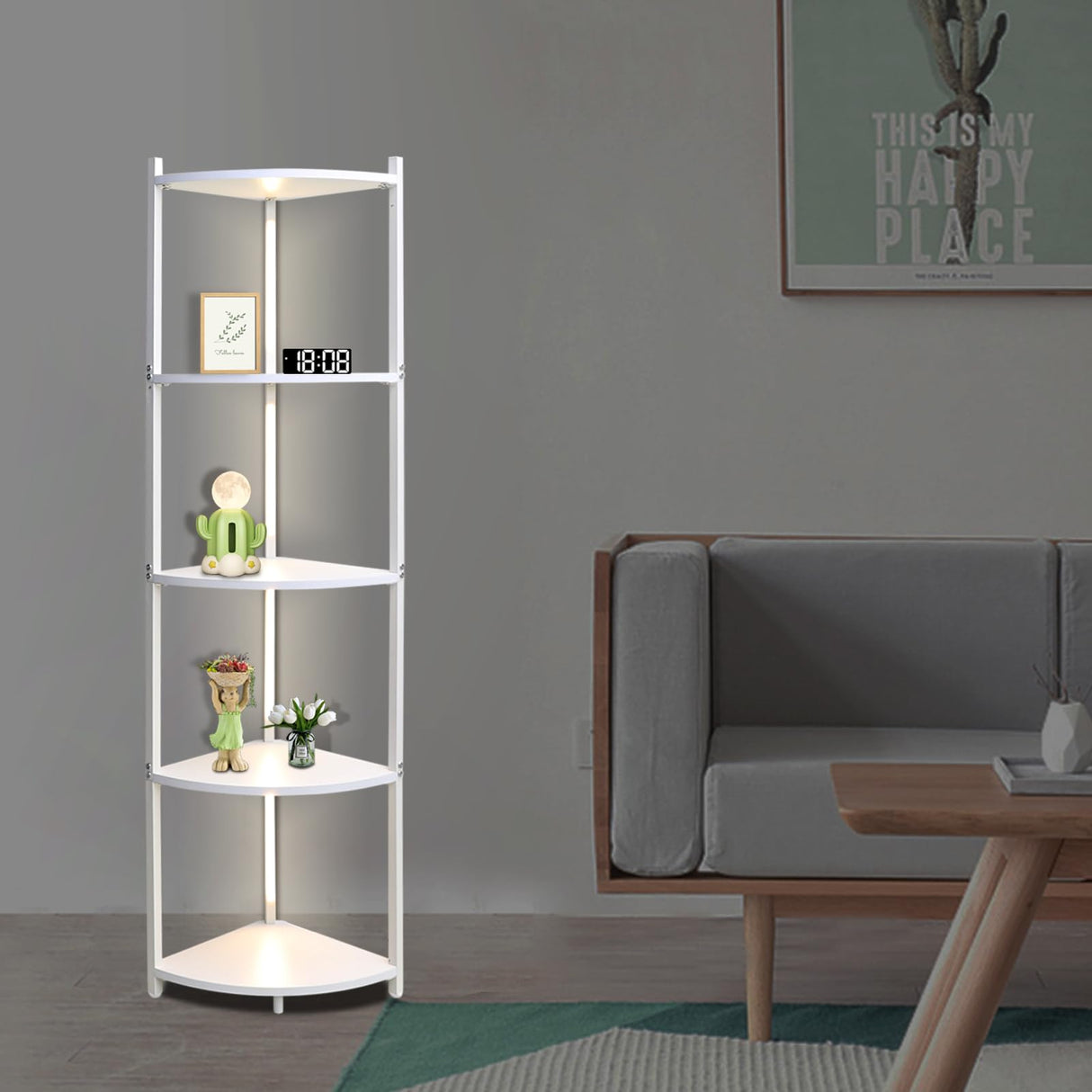 5-Tier Corner Shelf with Light, White Corner Bookshelf with Metal Frame, Tall Display Shelf Stand for Living Room Bedroom Office Decor