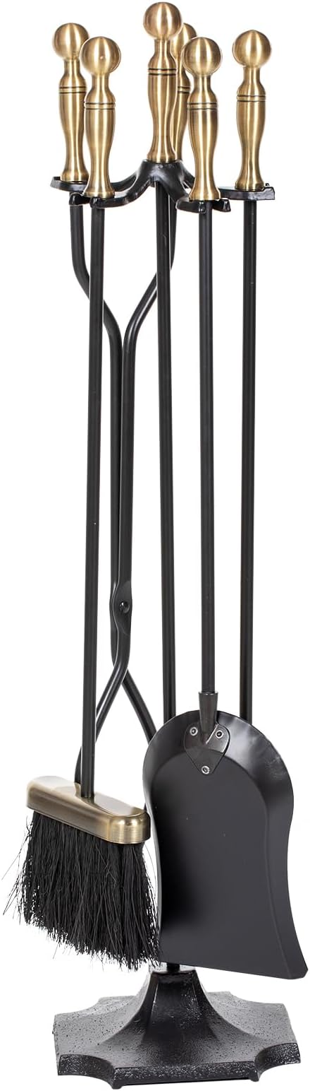 5 Pieces Fireplace Tools Set, Wrought Iron with Silver Pattern Fireplace Accessories Set