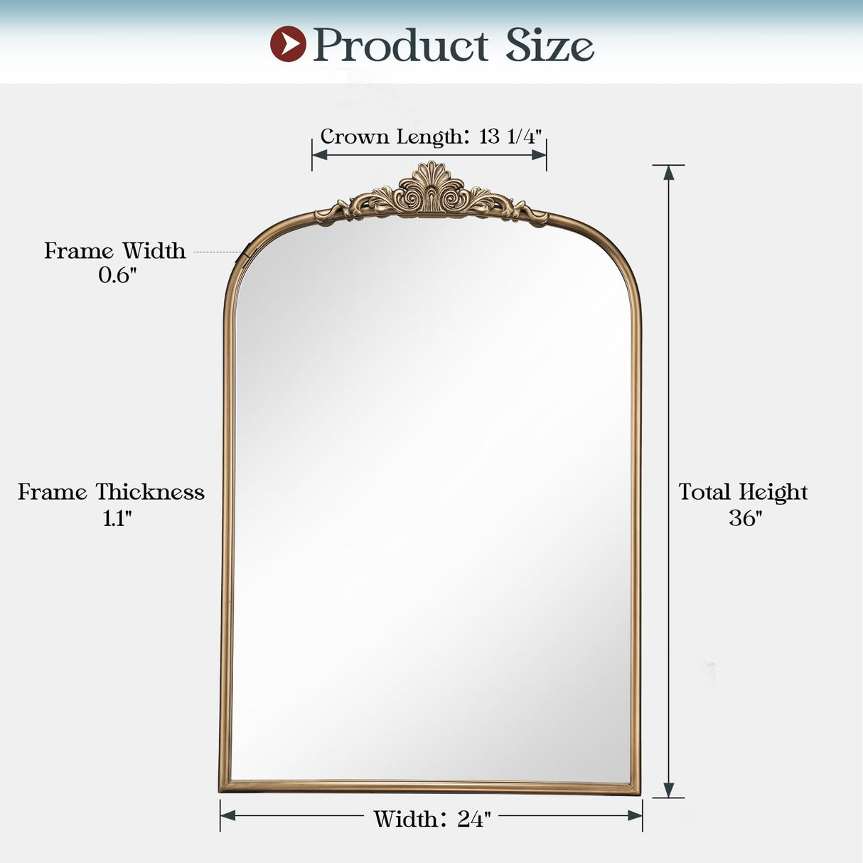 24" x 36" Antique Gold Arched Wall Mirror