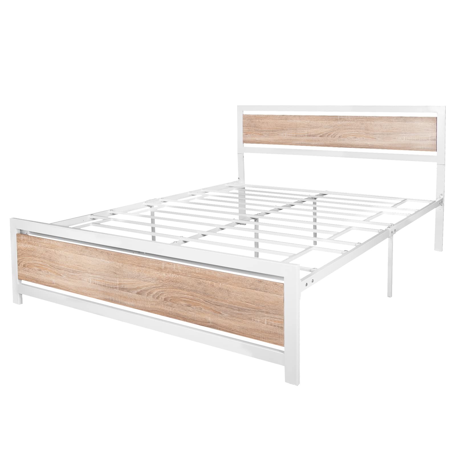 Bed Frame with Industrial Wooden Headboard and Footboard Strong Metal Support Frame