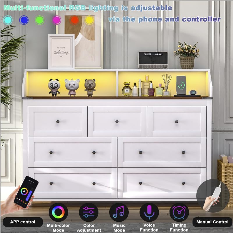 LED Dresser with Charging Station, 7 Drawer Dresser for Bedroom, Chest of Drawers