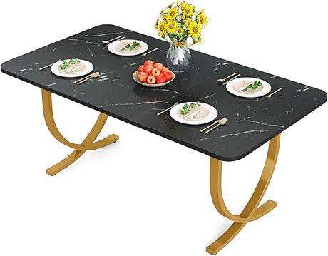 Dining Room Table, Kitchen Table with Faux Marble Table Top and Gold Metal Legs