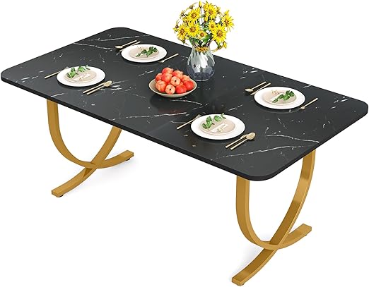 Dining Room Table, Kitchen Table with Faux Marble Table Top and Gold Metal Legs