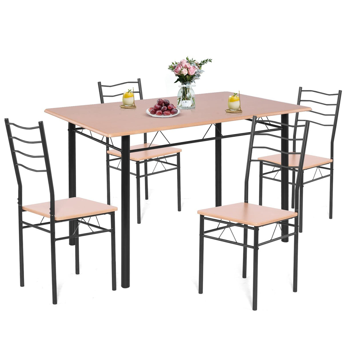 Dining Table Set for 4, Compact Rectangular Kitchen Table w/Metal Frame, PU Cushion