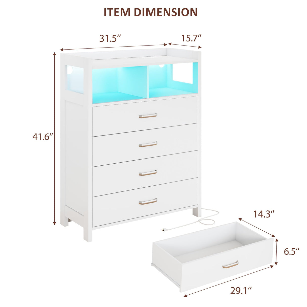 Whalefall Tall Dresser 4 Drawers, White LED Dresser for Bedroom, Modern Dresser Wooden Storage Chest of Drawers Closet Organizers with Power Outlets