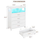 Whalefall Tall Dresser 4 Drawers, White LED Dresser for Bedroom, Modern Dresser Wooden Storage Chest of Drawers Closet Organizers with Power Outlets