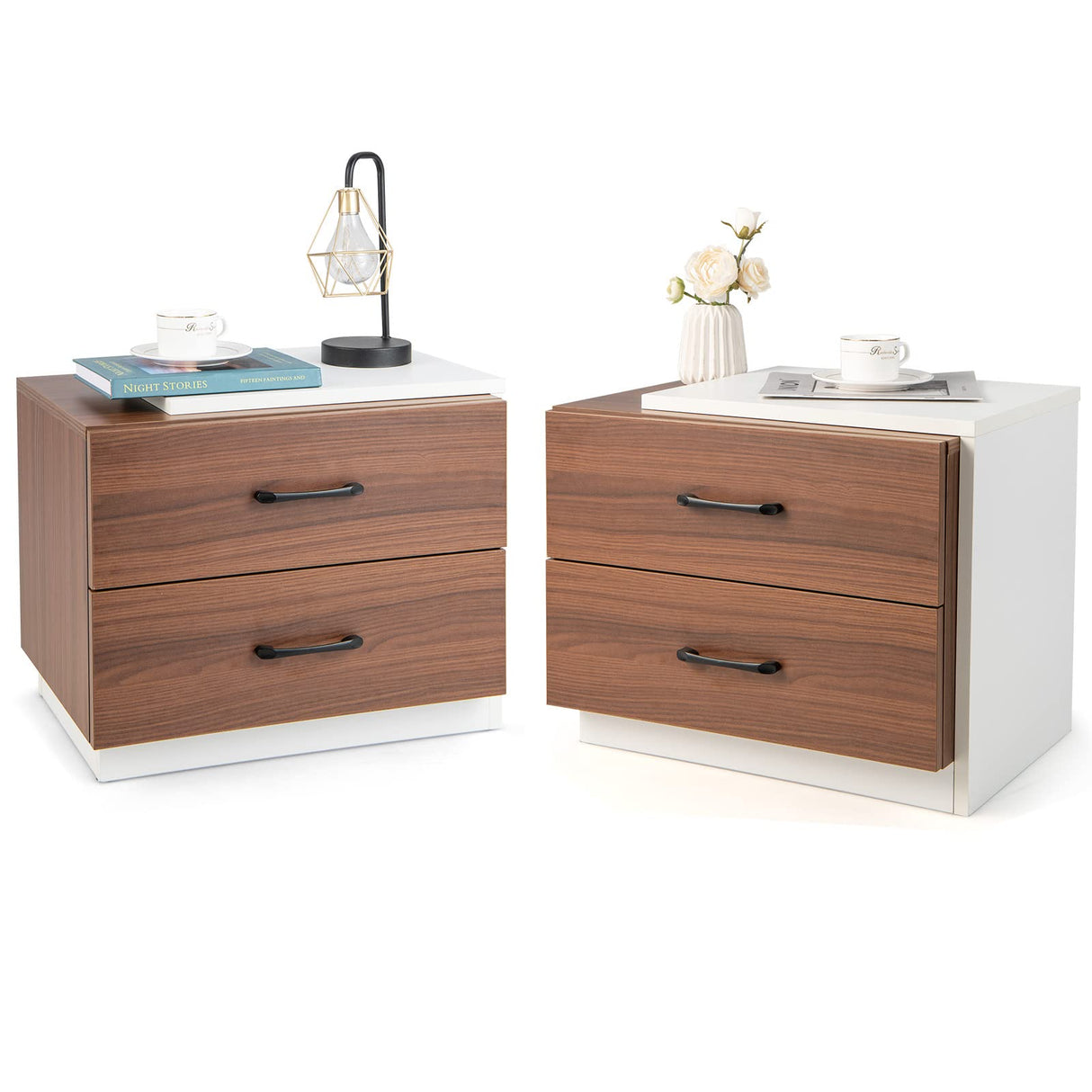 Giantex Modern Nightstand Set of 2 with 2 Drawers, Rustic Walnut Wood Grain Bedside Table with White L Shape Unique Design, Vertical Wooden End Table for Bedroom, Walnut & White (2)