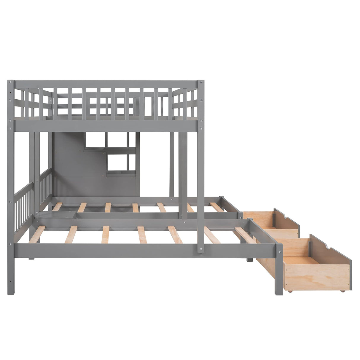 Bed with Stairs and Storage Drawers Full Over Twin & Twin 3 Bunk Beds for Kids Wooden