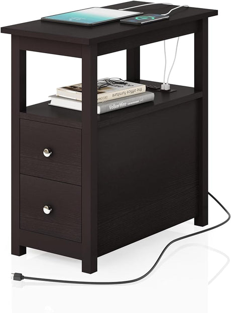 End Table with Charging Station, Side Table with 2 Drawer & USB Ports & Power Outlets