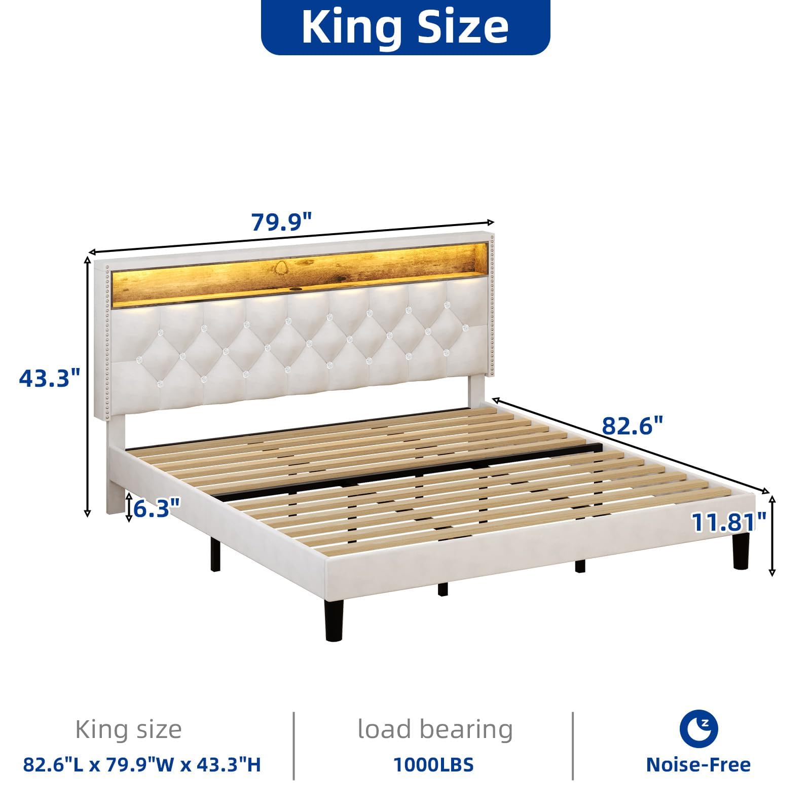 King Size Bed Frame with LED Lights and Storage Headboard