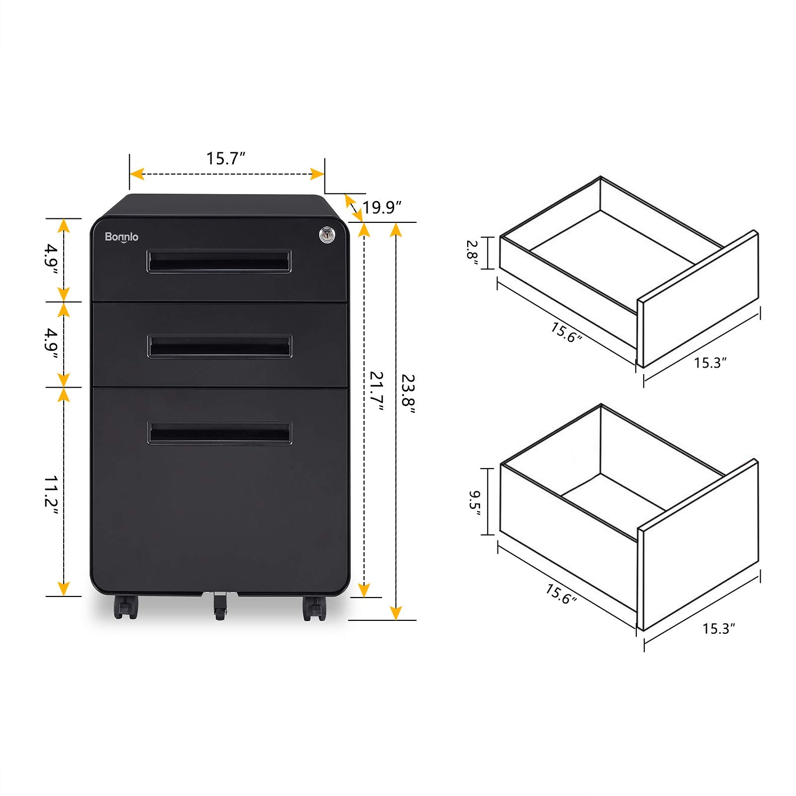 23.8" H 3 Drawer Rolling File Cabinet with Lock, Mobile File Cabinet Under Desk with Pencil Tray,