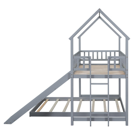 Twin Over Full Bunk Bed with Slide and Built-in Ladder, House Shaped Solid Wood Bunk Beds with Full-Length Guardrail for Kids,Teens, Adults, No Box Spring Required, Gray