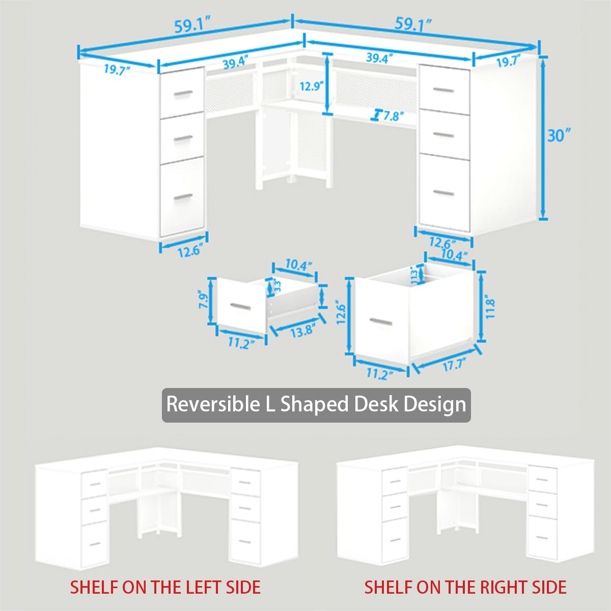 White L Shaped Desk with Drawers Shelves, Large Home Office Corner Computer Desk