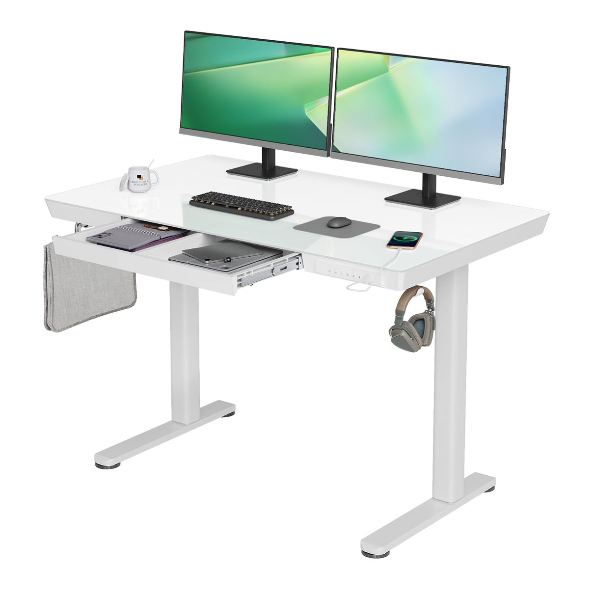 Glass Standing Desk with Drawers, 48 x 24 Inch Electric Stand Up Desk with USB Ports, Adjustable Height Desk for Home Office, White