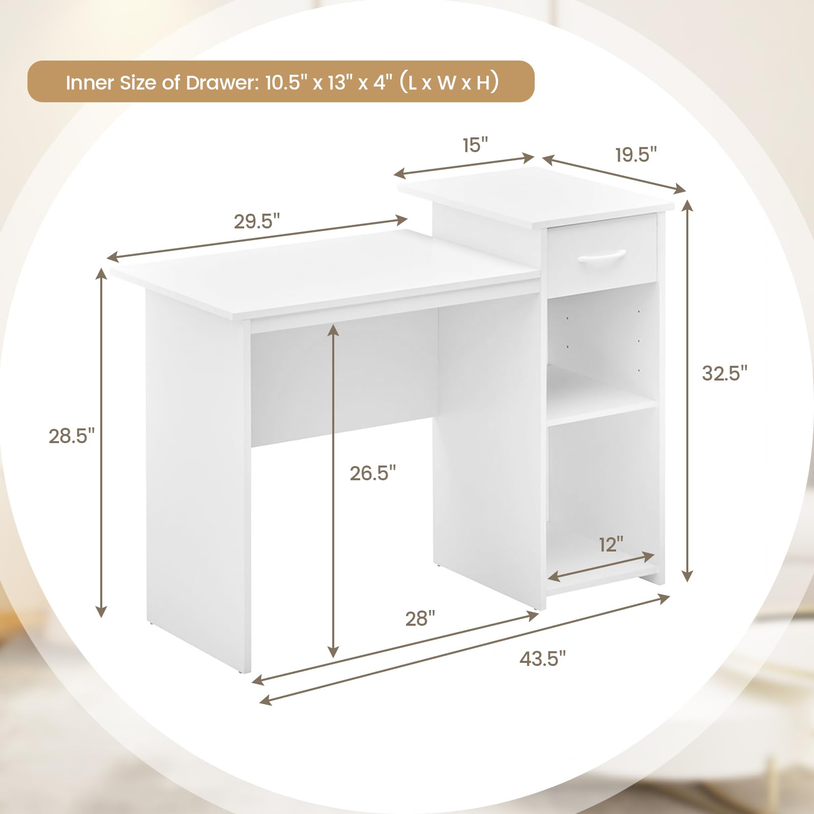 Tangkula White Desk with Drawer, Modern Computer Desk with Adjustable Shelf & Cable Hole, Compact Writing Study Desk, Wooden Computer Workstation for Home or Office, White