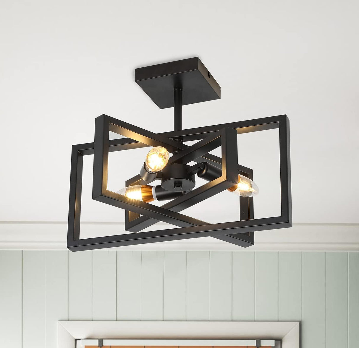 3-light Rustic Semi Flush Mount Rectangle Ceiling Light Industrial Pendant Lighting