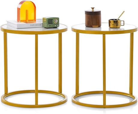 Gold Side Table, Round End Table with Sintered Stone Top and Metal Frame