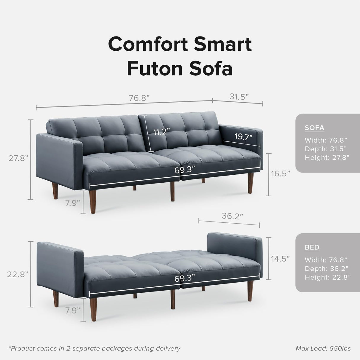 mopio Aaron Couch, Small Sofa, Futon, Sofa Bed, Sleeper Sofa, Loveseat, Mid Century Modern Futon Couch, Sofa Cama, Couches for Living Room, Bedroom (Cloud Gray, Faux Leather)