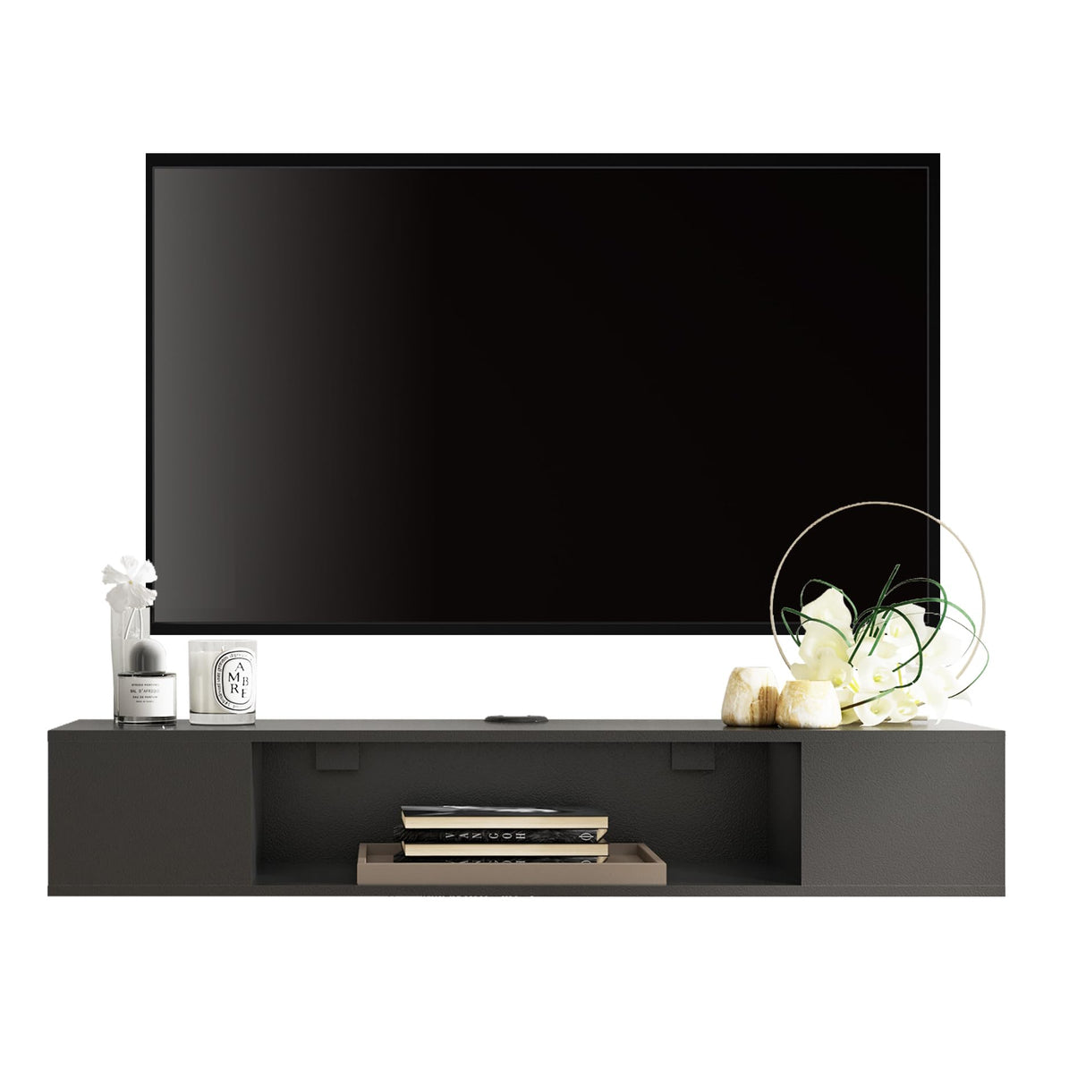 Black Floating TV Stand Wall Mounted, Floating Entertainment Center Wood Storage