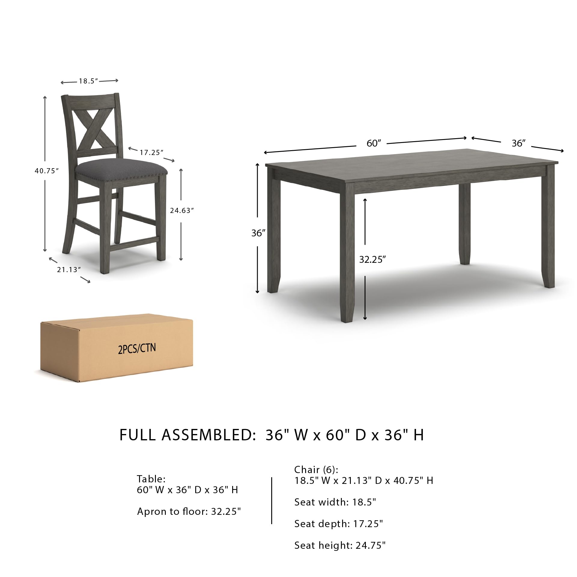 7-Piece Counter Height Dining Set with Gray Upholstered Bar Stools